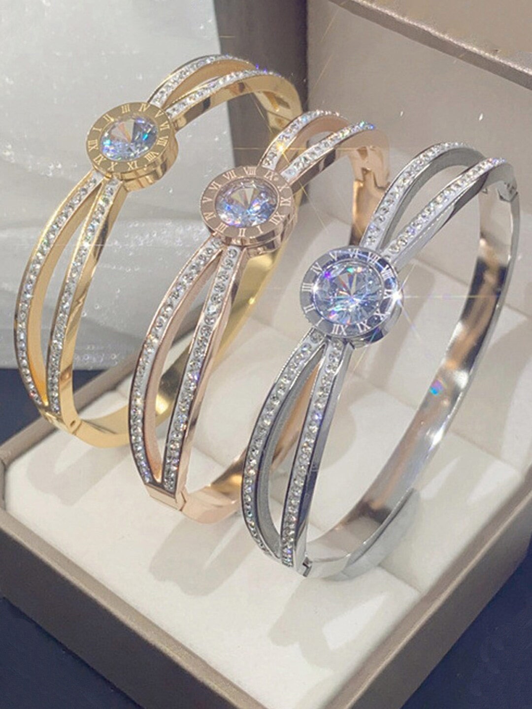 

Designs & You Pack Of 3 American Diamond Bangle-Style Bracelet, Gold