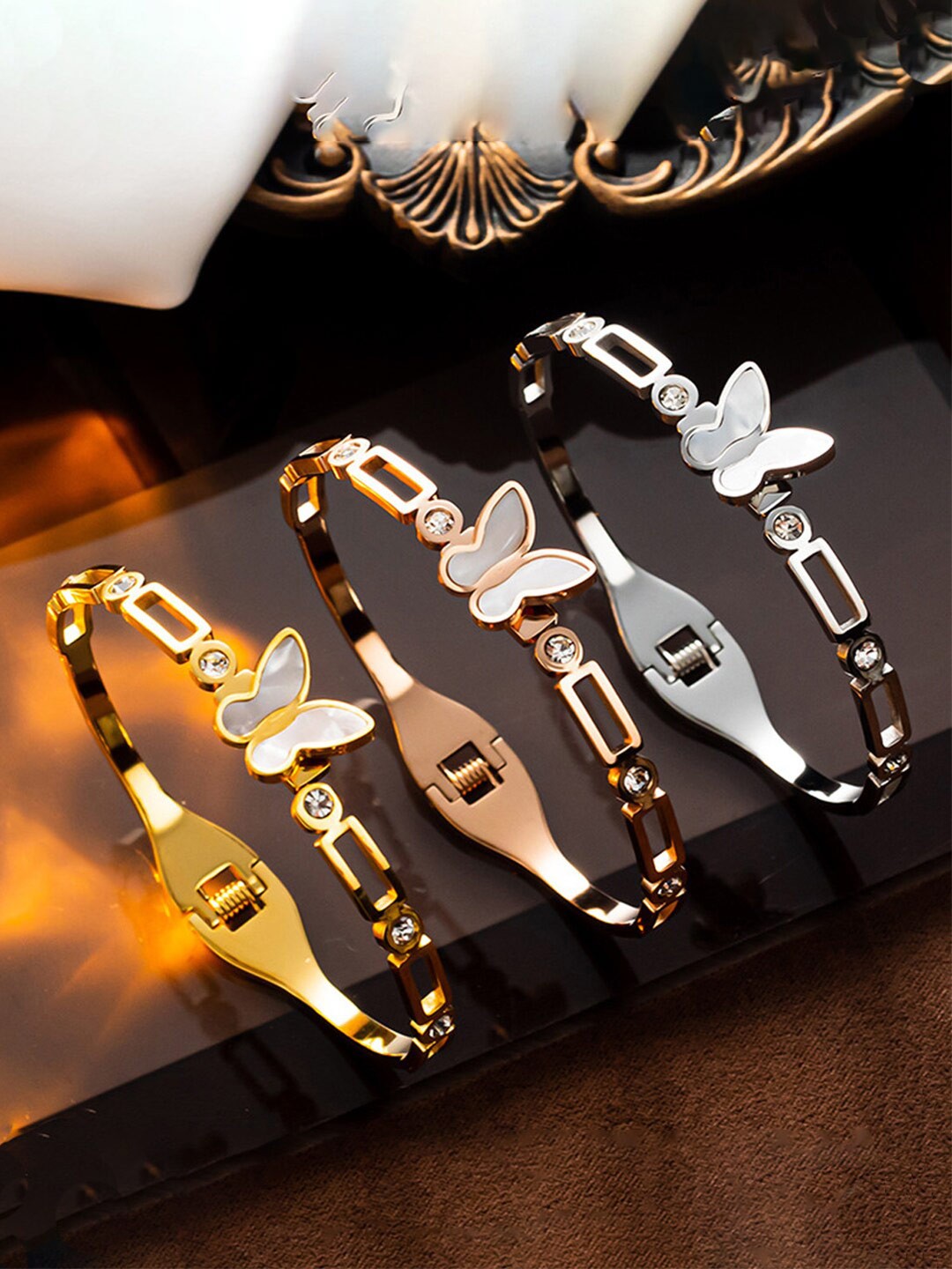 

Designs & You Set Of 3 Mother of Pearl Bangle-Style Bracelet, Gold