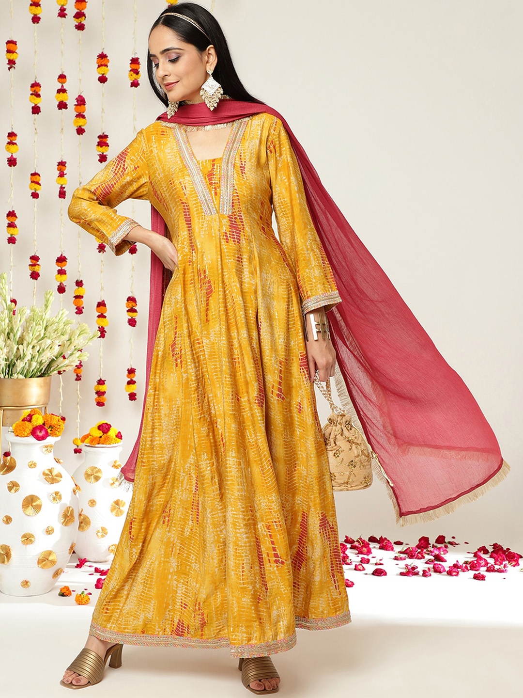 

Varanga Shibori Printed Colorful Lace Anarkali Kurta With Dupatta With Fringes, Mustard