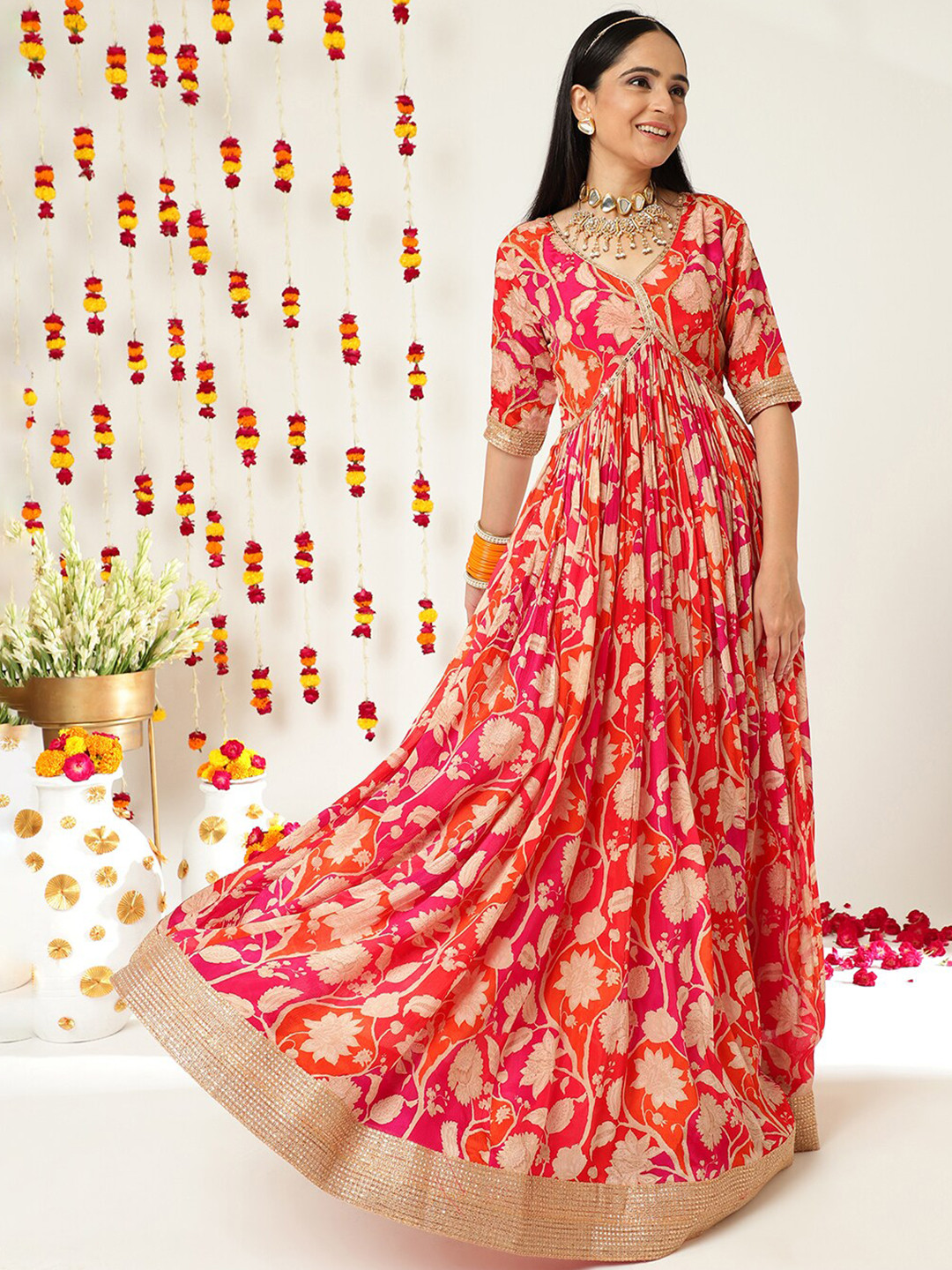 

Varanga Women Pink Pure Silk Chinon Anarkali Kurta With V-Neck Paired With Dupatta