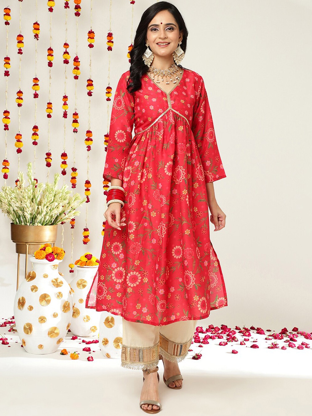 Varanga Floral Printed Sequined A-Line Empire Kurta, Red