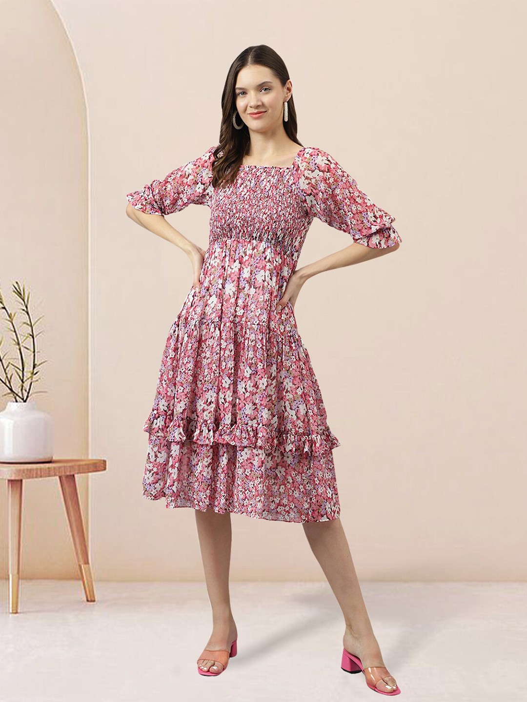 BAESD Floral Printed Georgette Tiered Fit and Flare Midi Dress, Pink