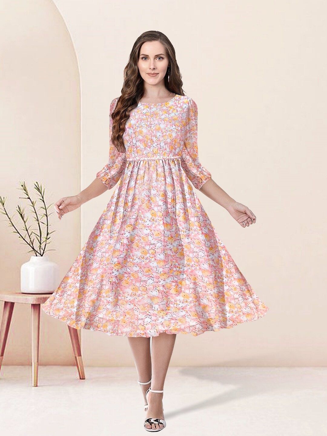 

BAESD Floral Printed Georgette Fit and Flare Midi Dress, Pink