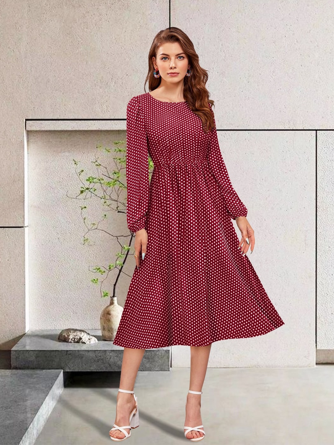 

BAESD Polka Dots Printed Puff Sleeve Fit and Flare Midi Dress, Maroon