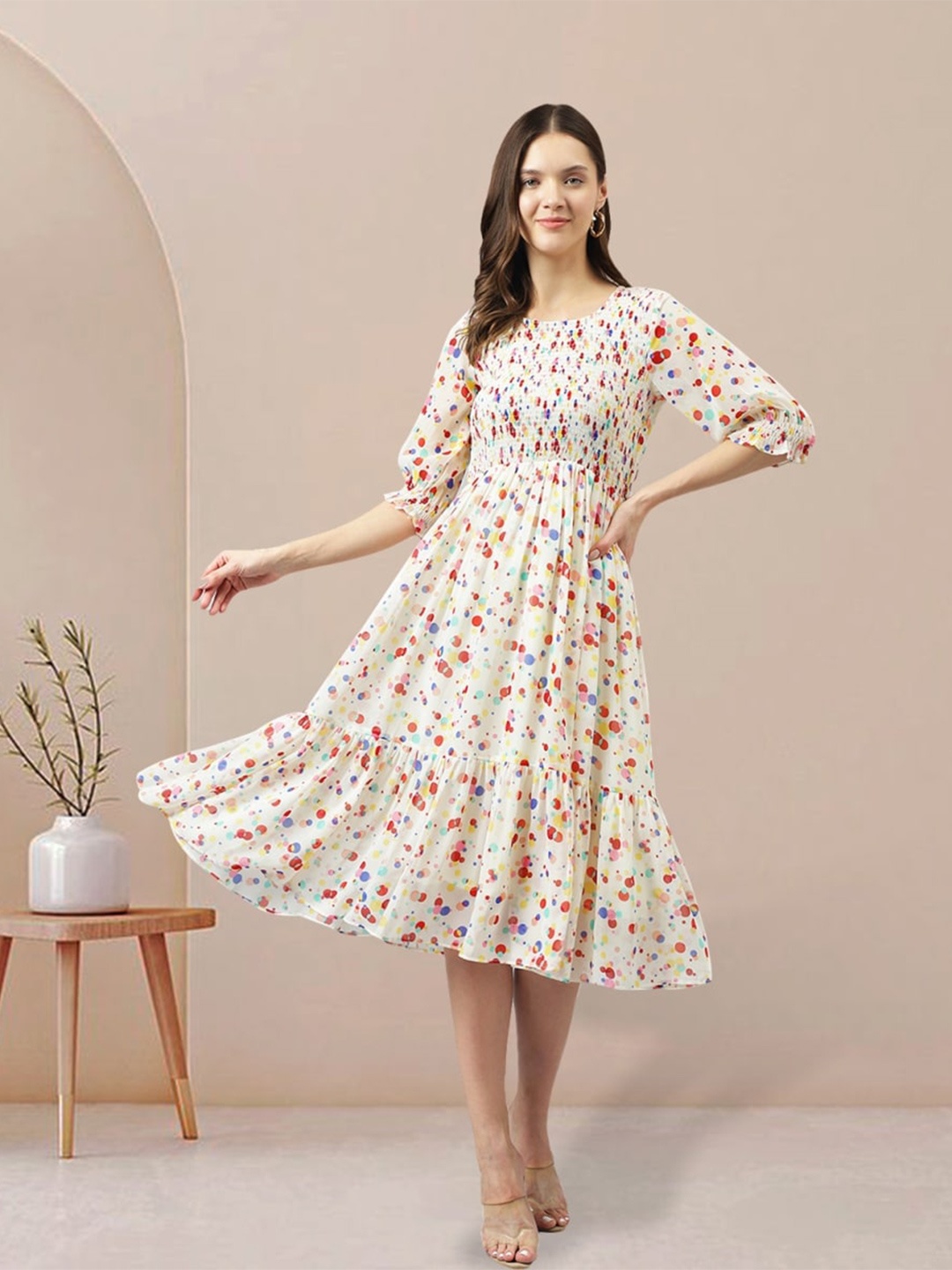 

BAESD Polka Dots Printed Georgette Tiered Fit and Flare Midi Dress, White