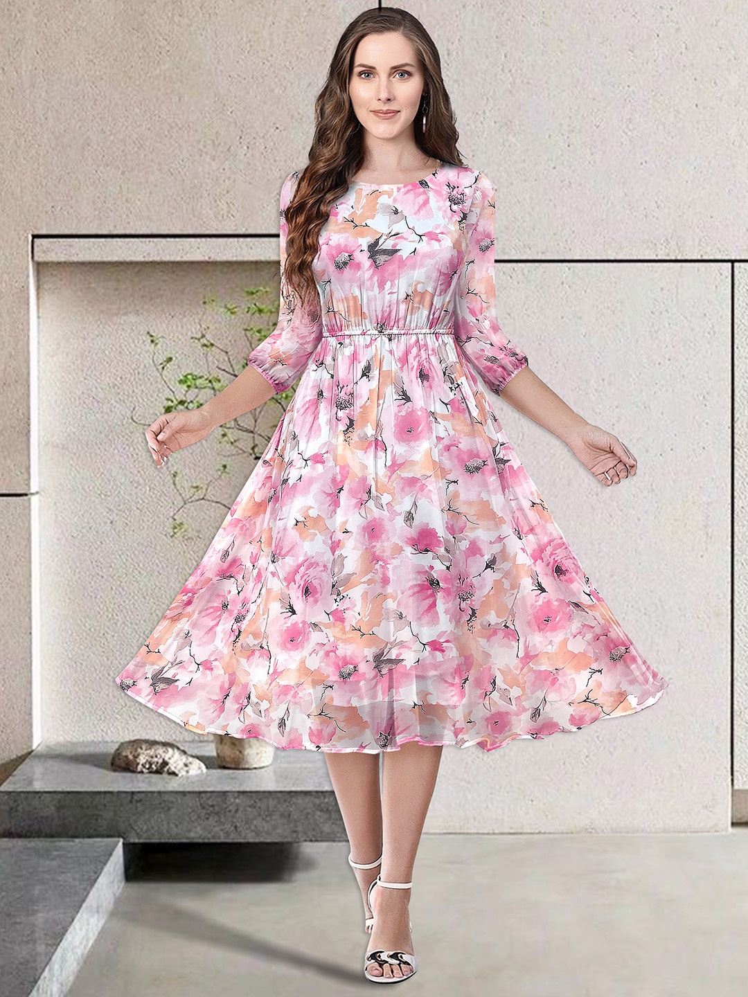 BAESD Floral Printed Puff Sleeves Georgette Fit and Flare Dress, Pink