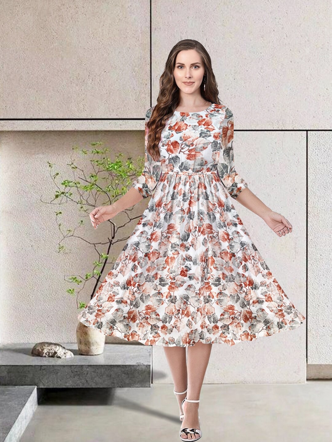 

BAESD Floral Printed Georgette Fit and Flare Dress, White