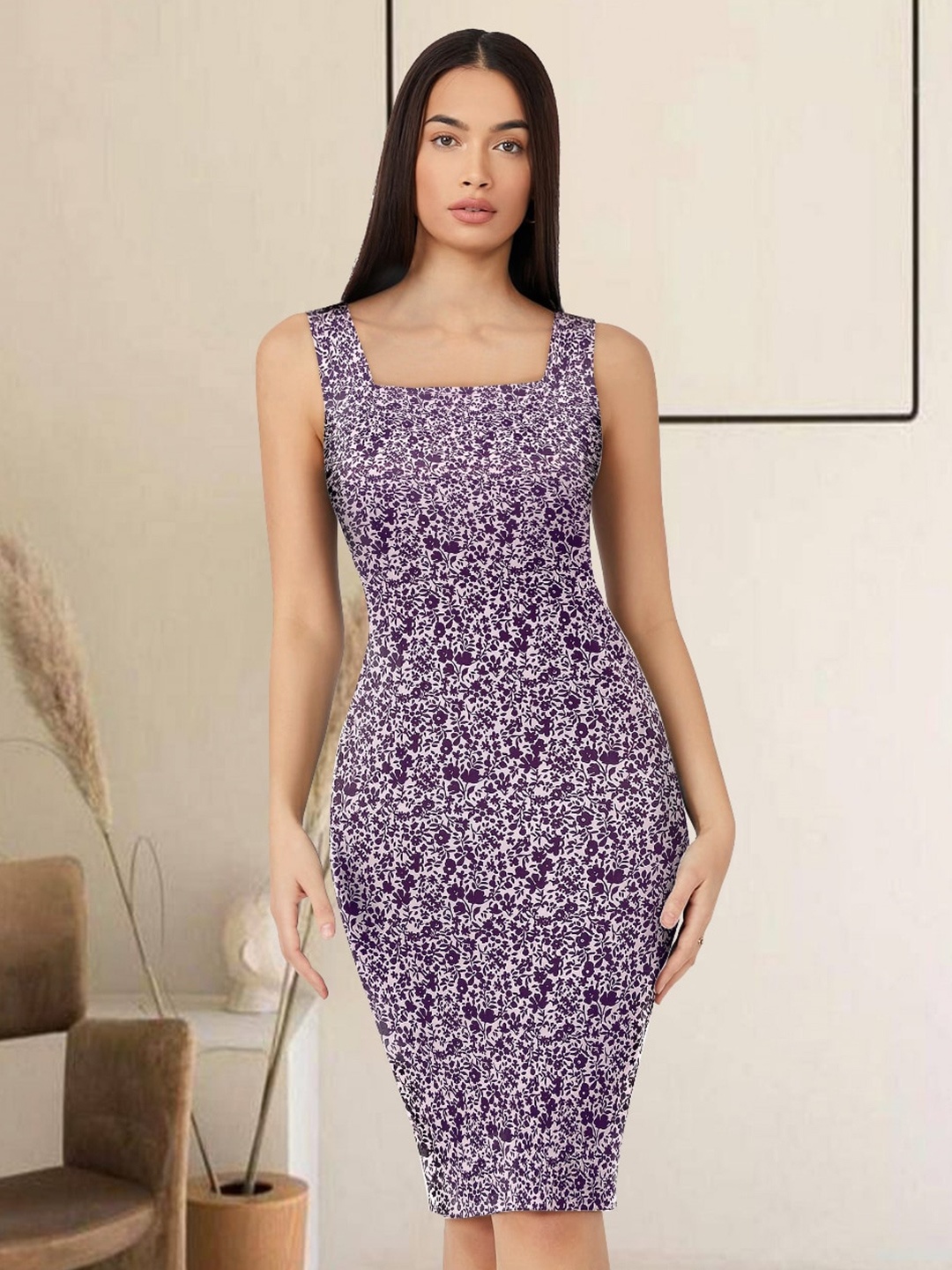 

BAESD Floral Printed Square Neck Bodycon Dress, Purple