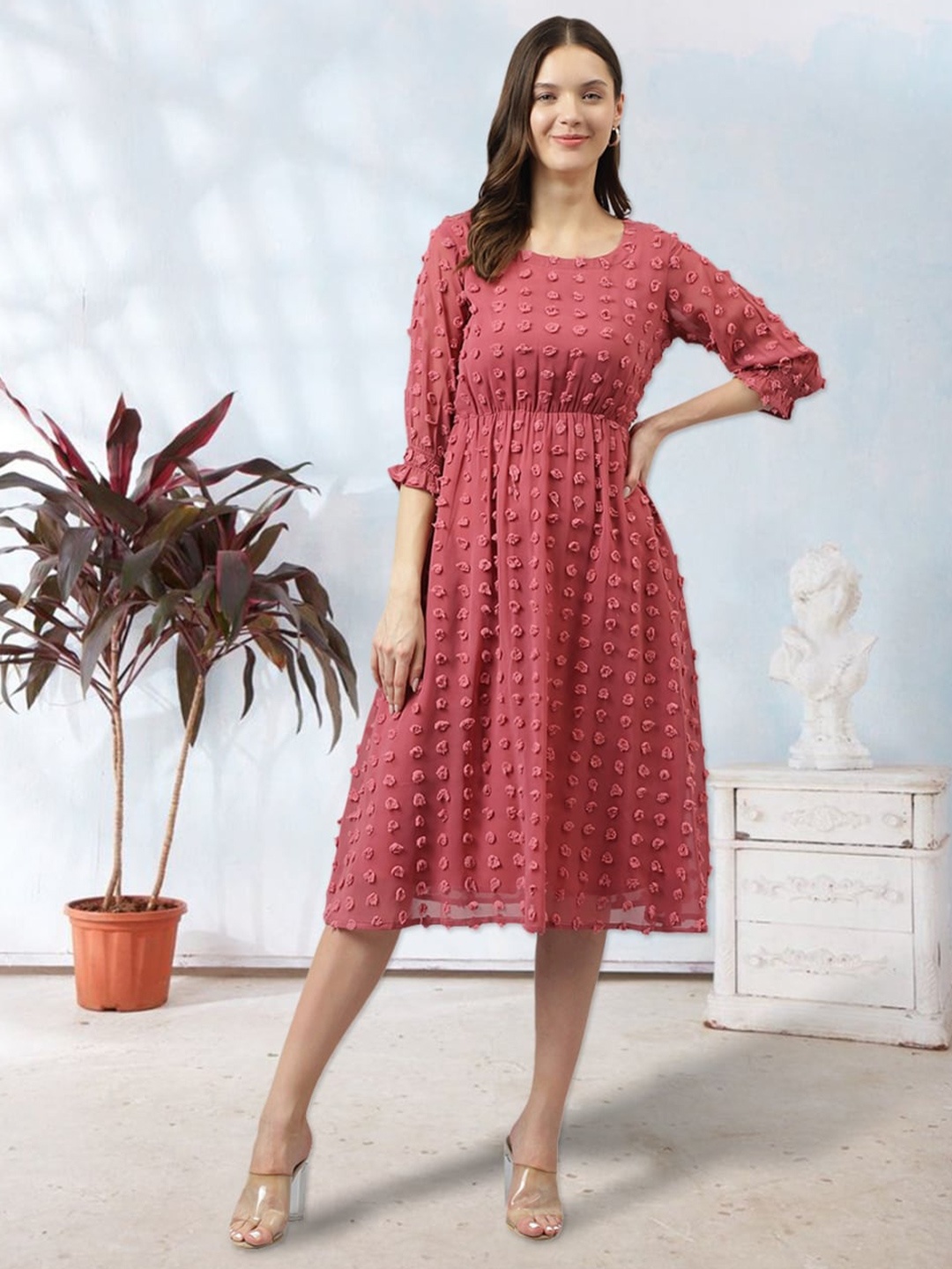 

BAESD Swiss Dot Self Design Fit and Flare Dress, Pink