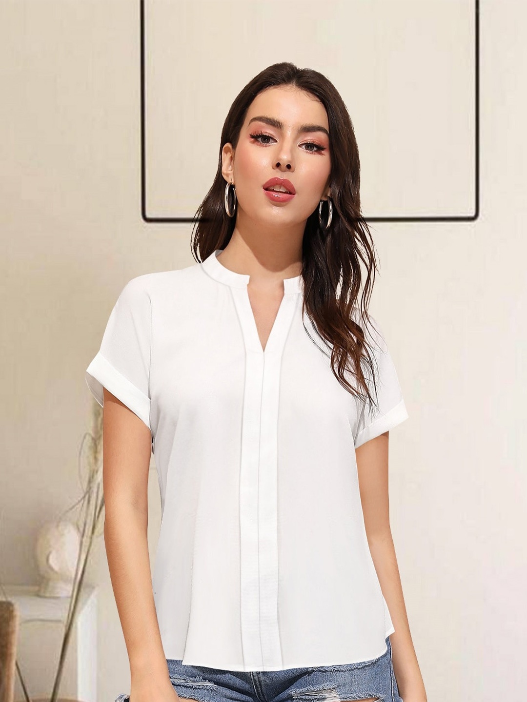 

BAESD Mandarin Collar Shirt Style Top, White