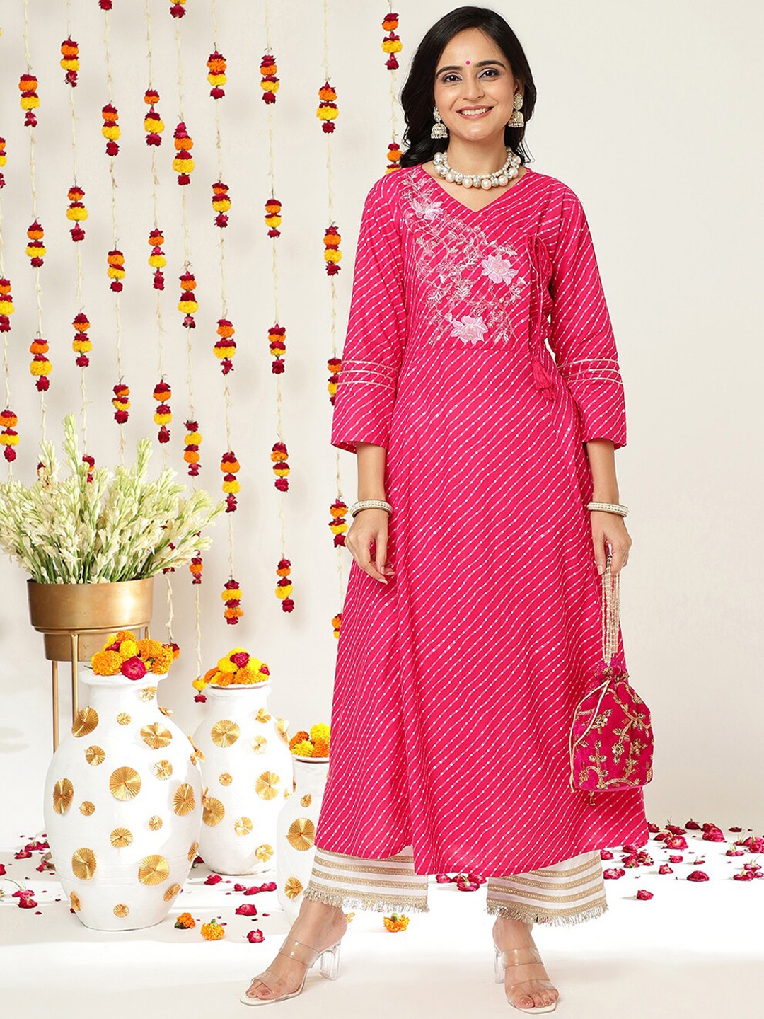 

Varanga Leheriya Printed Thread Work Angrakha Anarkali Cotton Kurta, Pink