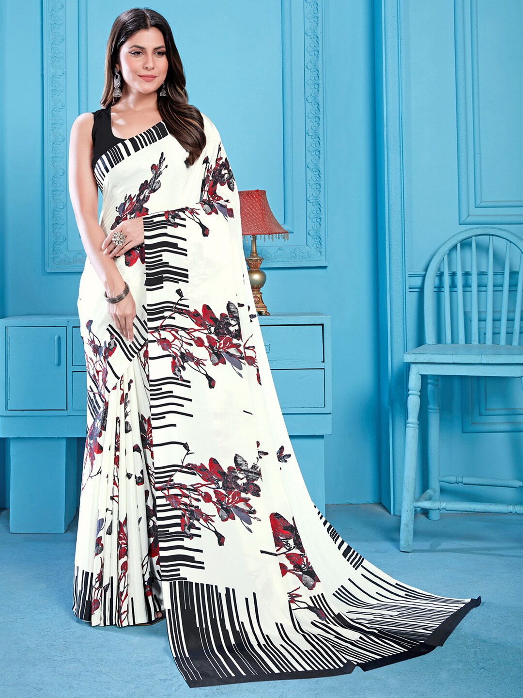 

Satrani White & Black Floral Printed Saree