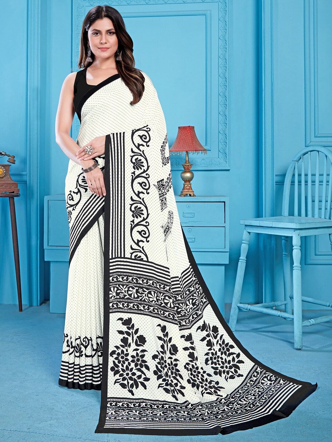 

Satrani White & Black Ethnic Motifs Printed Saree