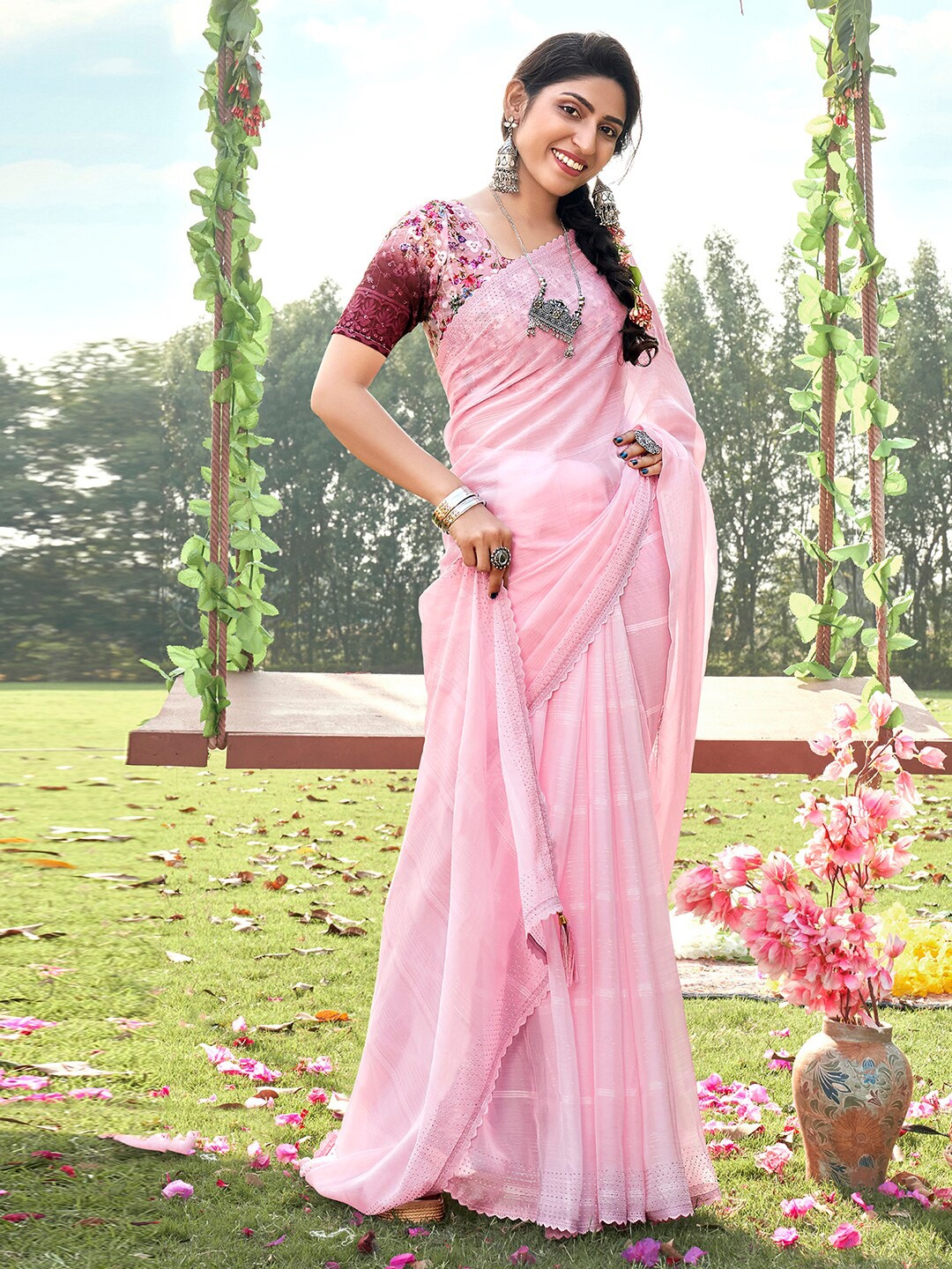 

Satrani Peach-Coloured Striped Beads and Stones Poly Georgette Saree