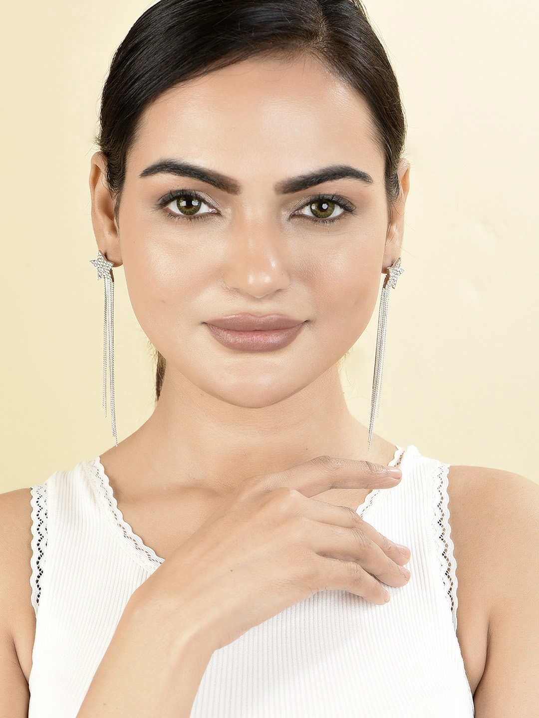 

ToniQ Silver Plated Cubic Zirconia Stone Studded Star Shaped Drop Earrings