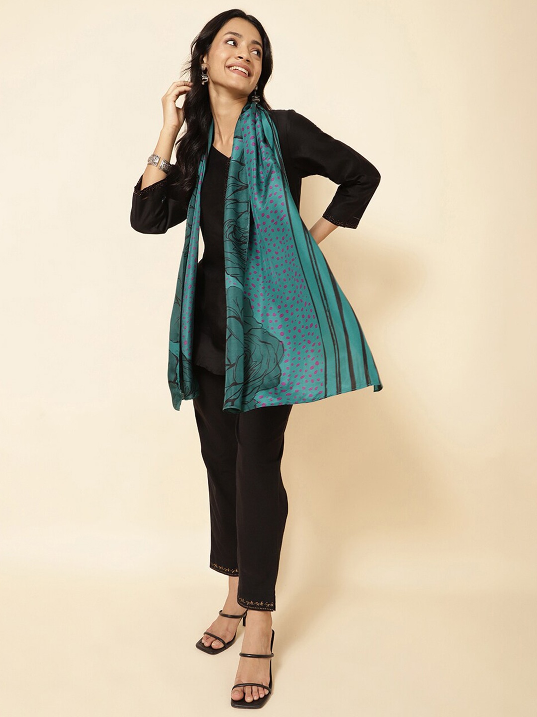 

Fabindia Floral Printed Silk Stole, Blue