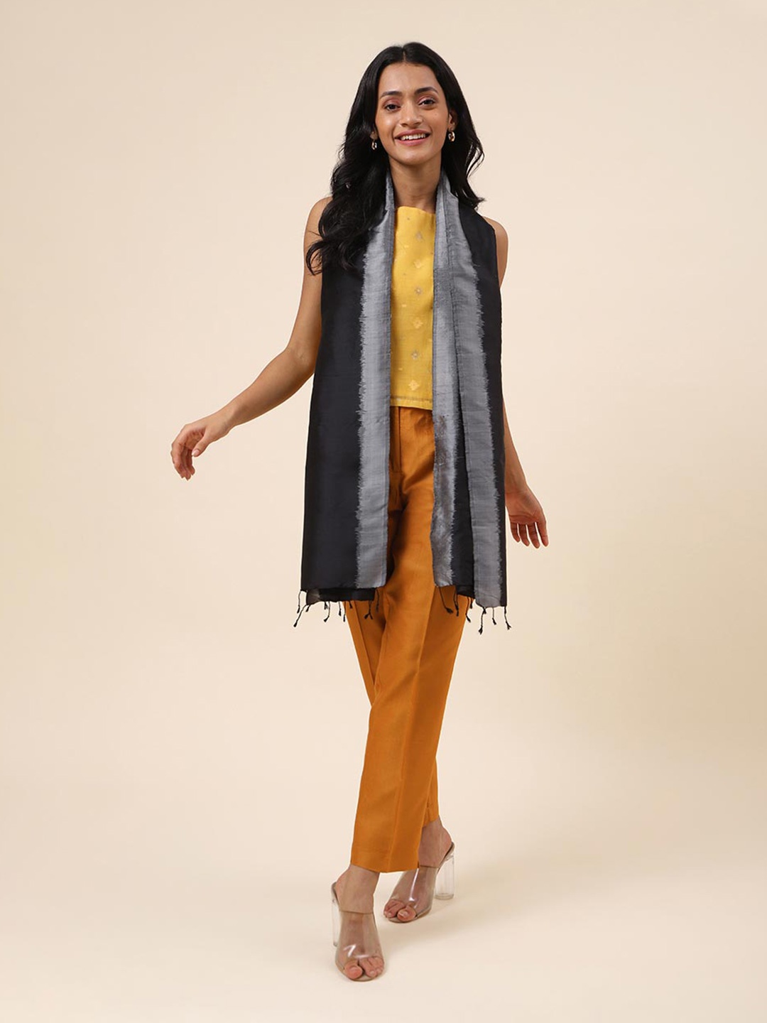 

Fabindia Colourblocked Silk Stole With Tasselled border, Black