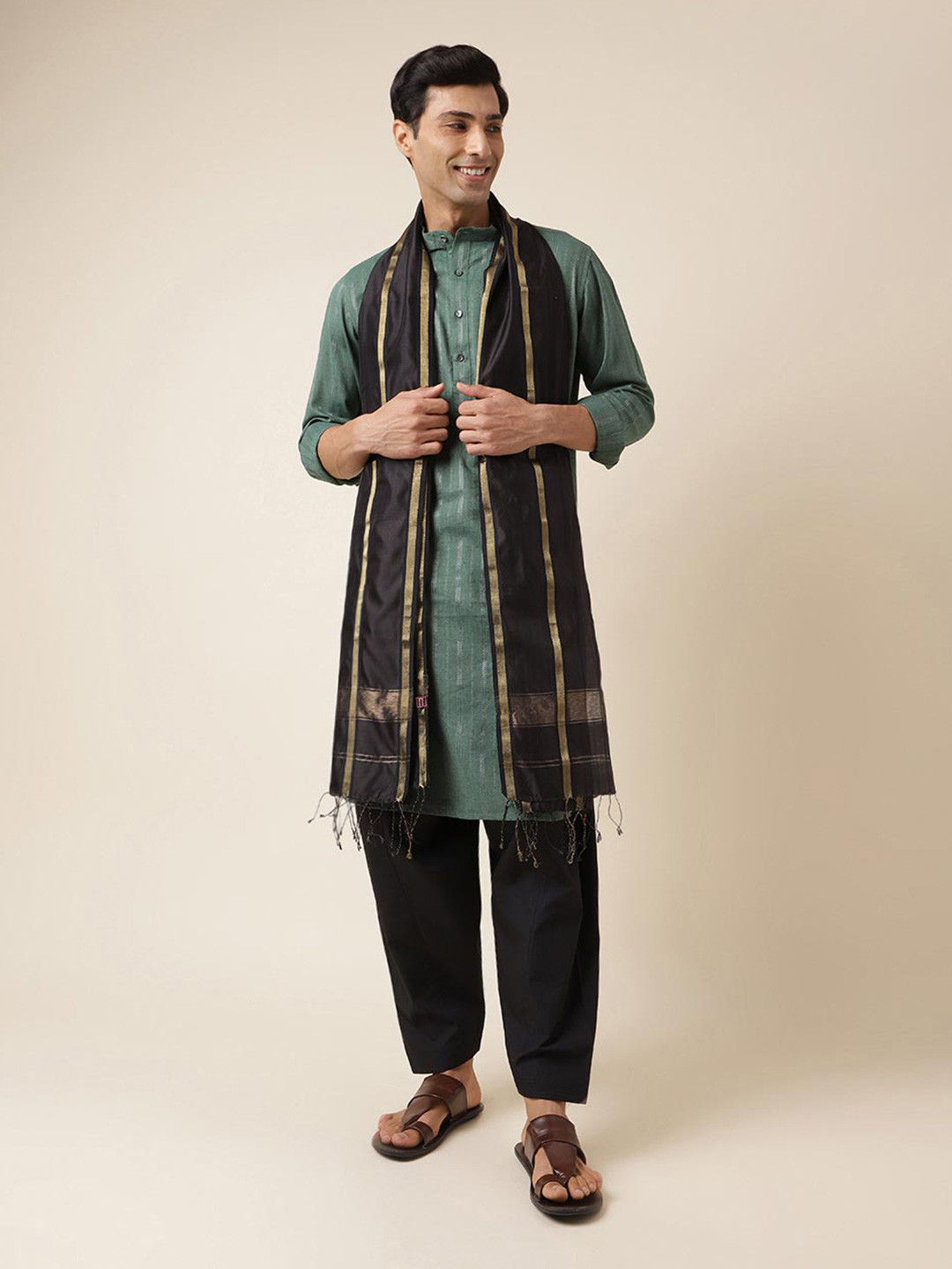 

Fabindia Striped Woven Design Stole, Black