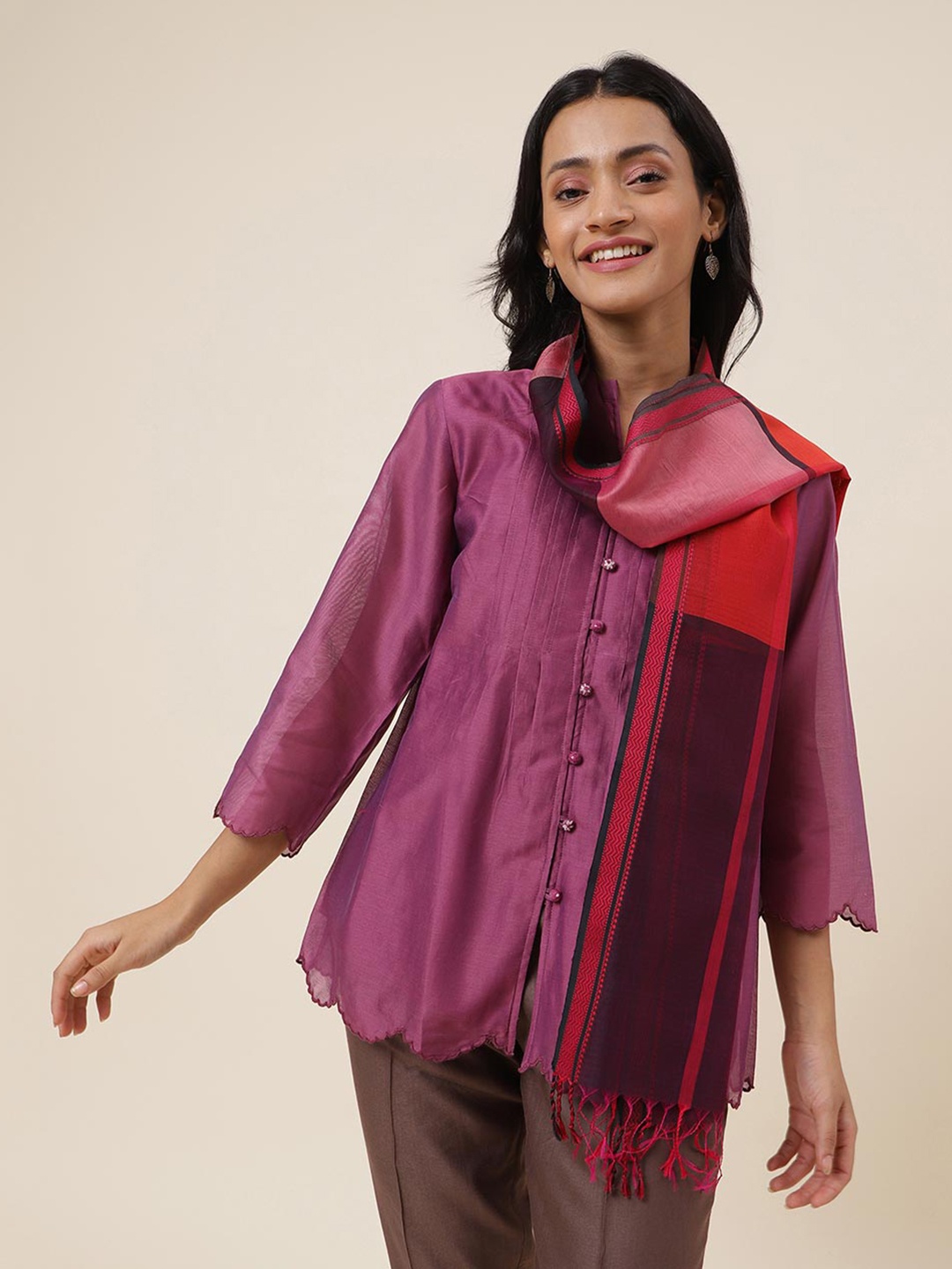 

Fabindia Striped Woven Design Stole, Pink