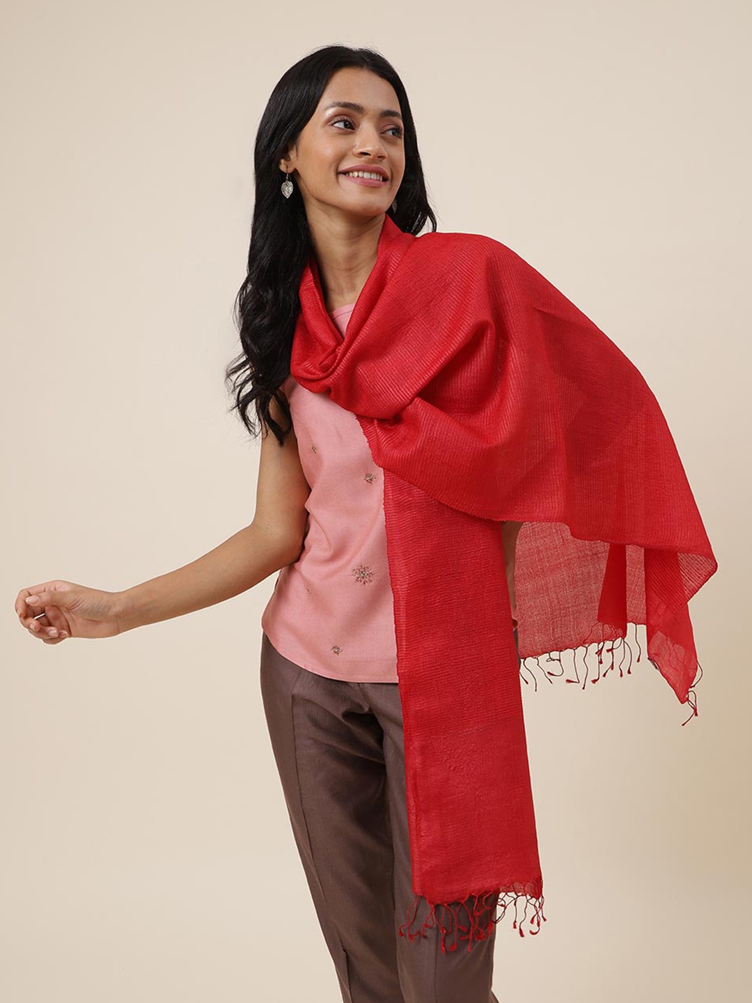 

Fabindia Tasselled Silk Stole, Red