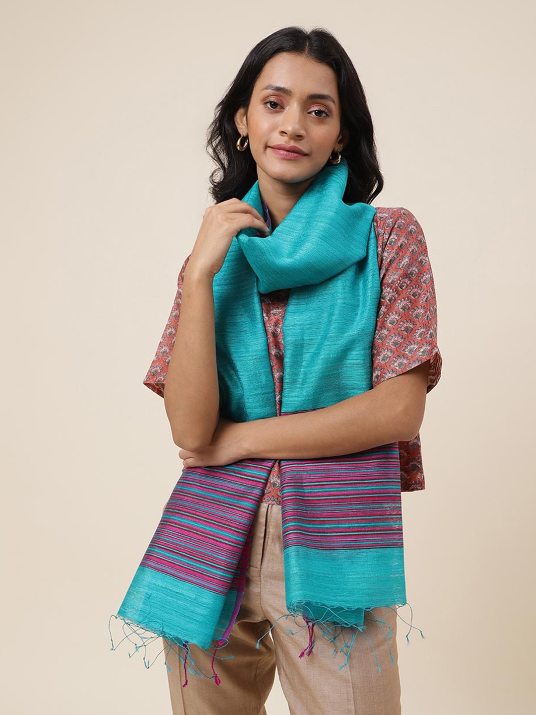 

Fabindia Striped Silk Stole, Turquoise blue