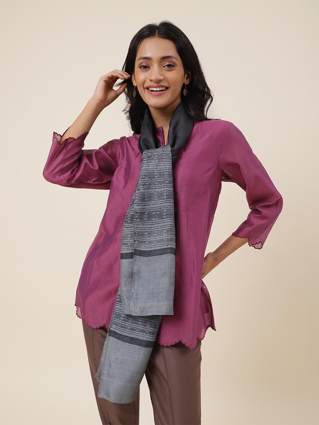 

Fabindia Striped Silk Stole, Grey