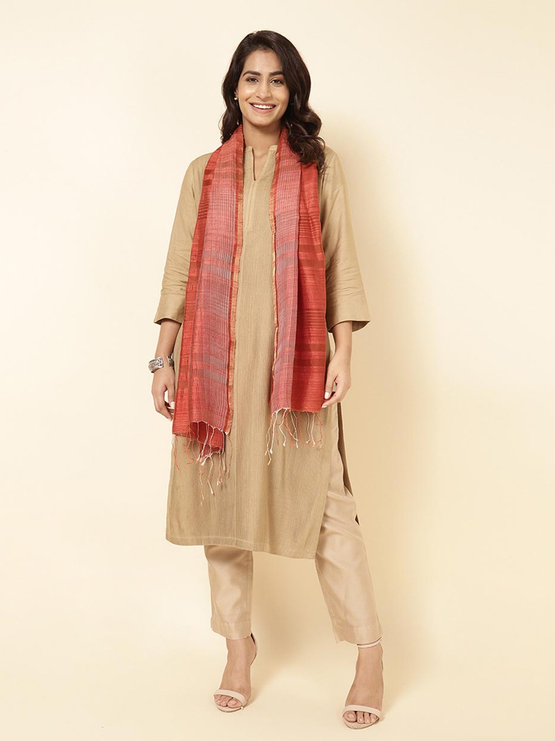 

Fabindia Woven Design Silk Stole, Orange