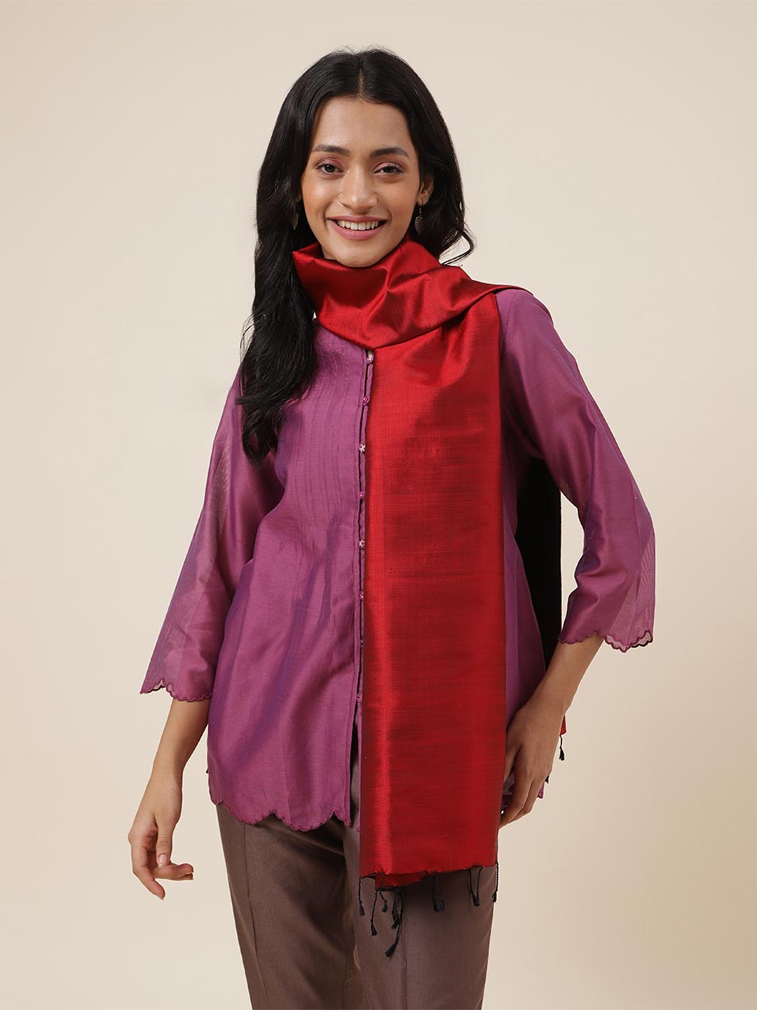 

Fabindia Tasselled Border Silk Stole, Maroon