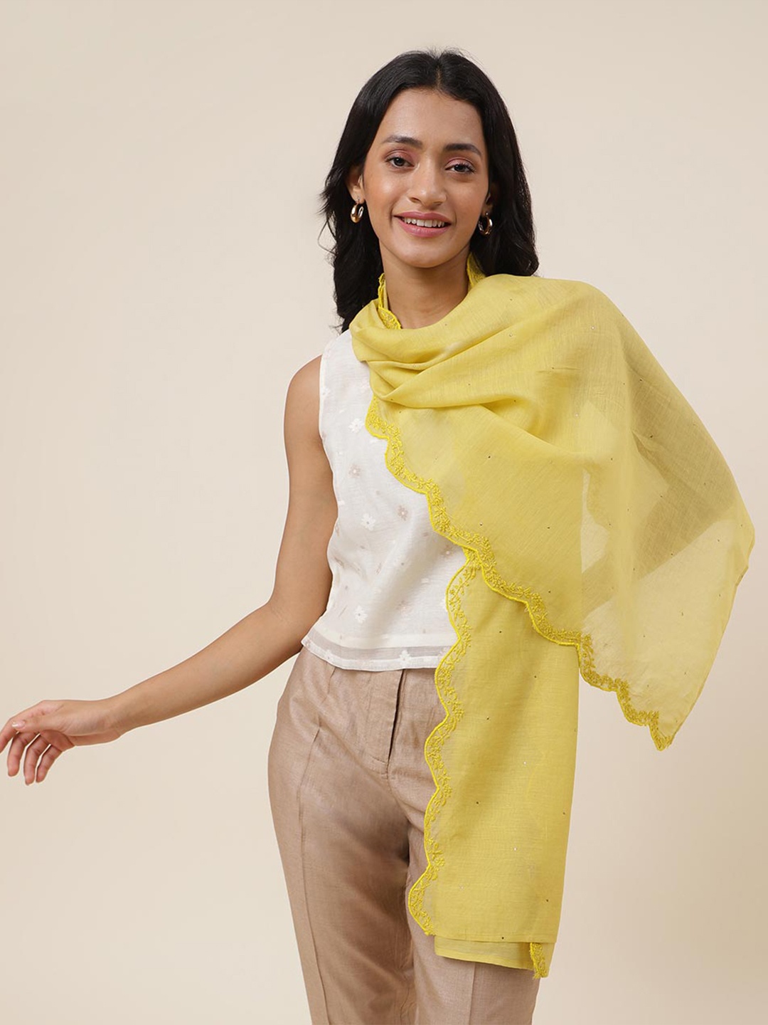 

Fabindia Women Cotton Silk Stole, Yellow