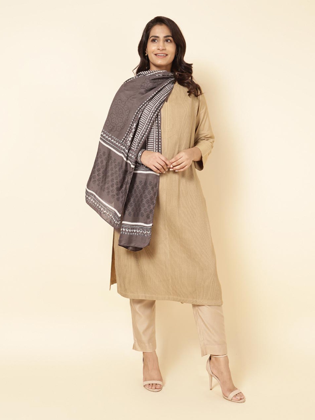 

Fabindia Ethnic Motifs Printed Stole, Taupe