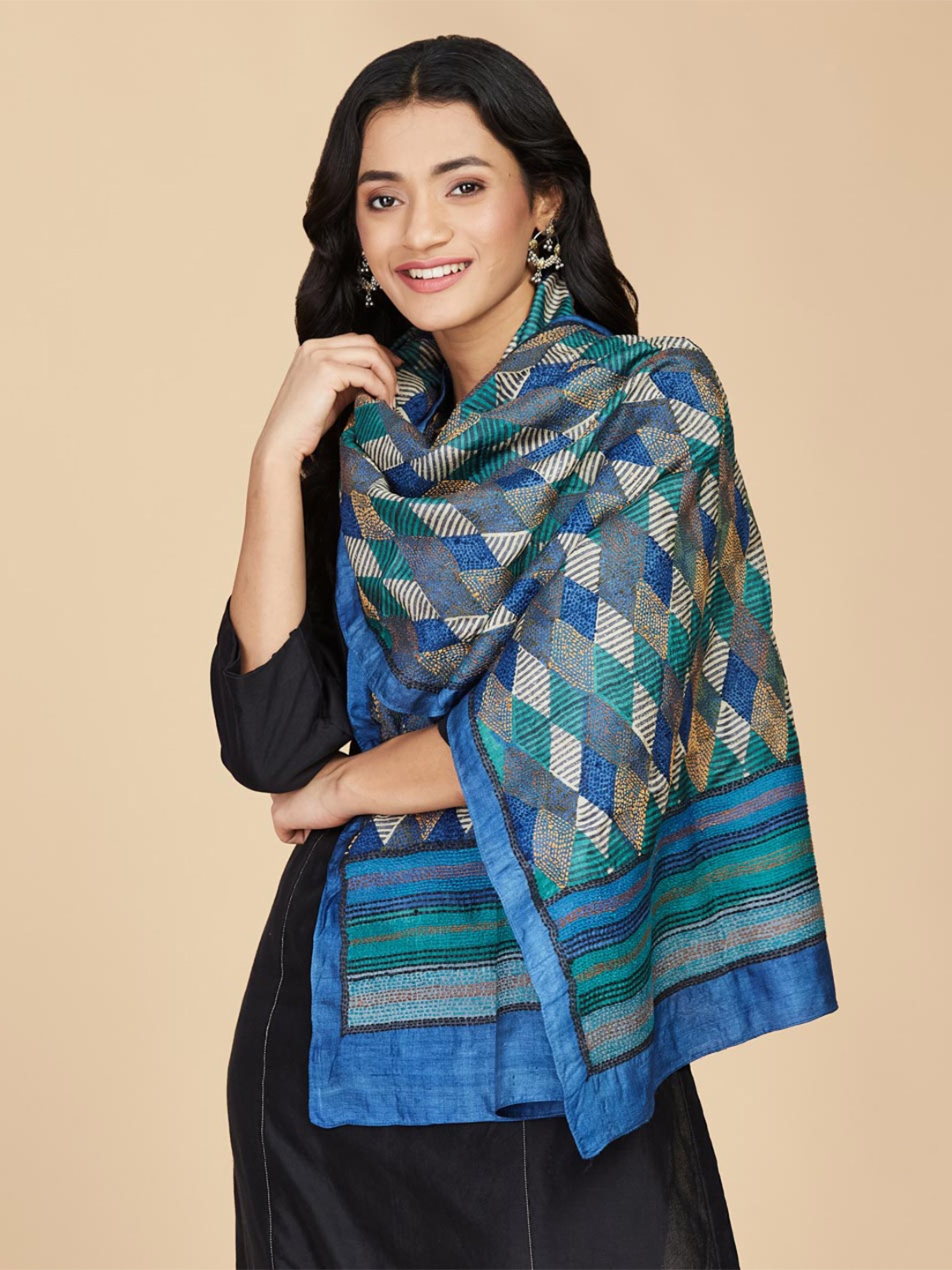 

Fabindia Geometric Embroidered Silk Stole, Blue