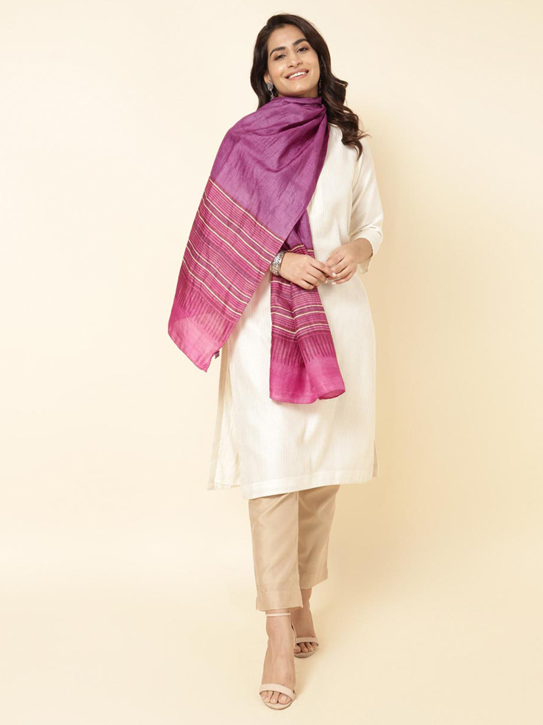 

Fabindia Striped Silk Stole, Purple