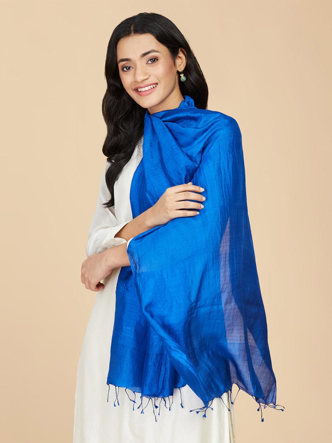 

Fabindia Tasselled Border Silk Stole, Blue