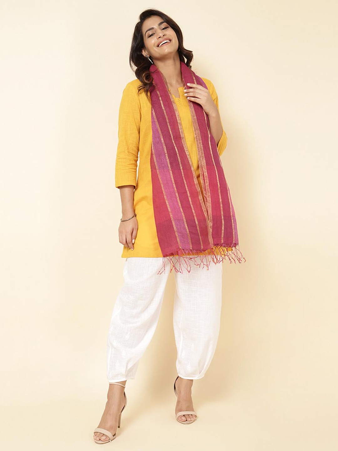 

Fabindia Striped Woven Design Linen Stole, Pink