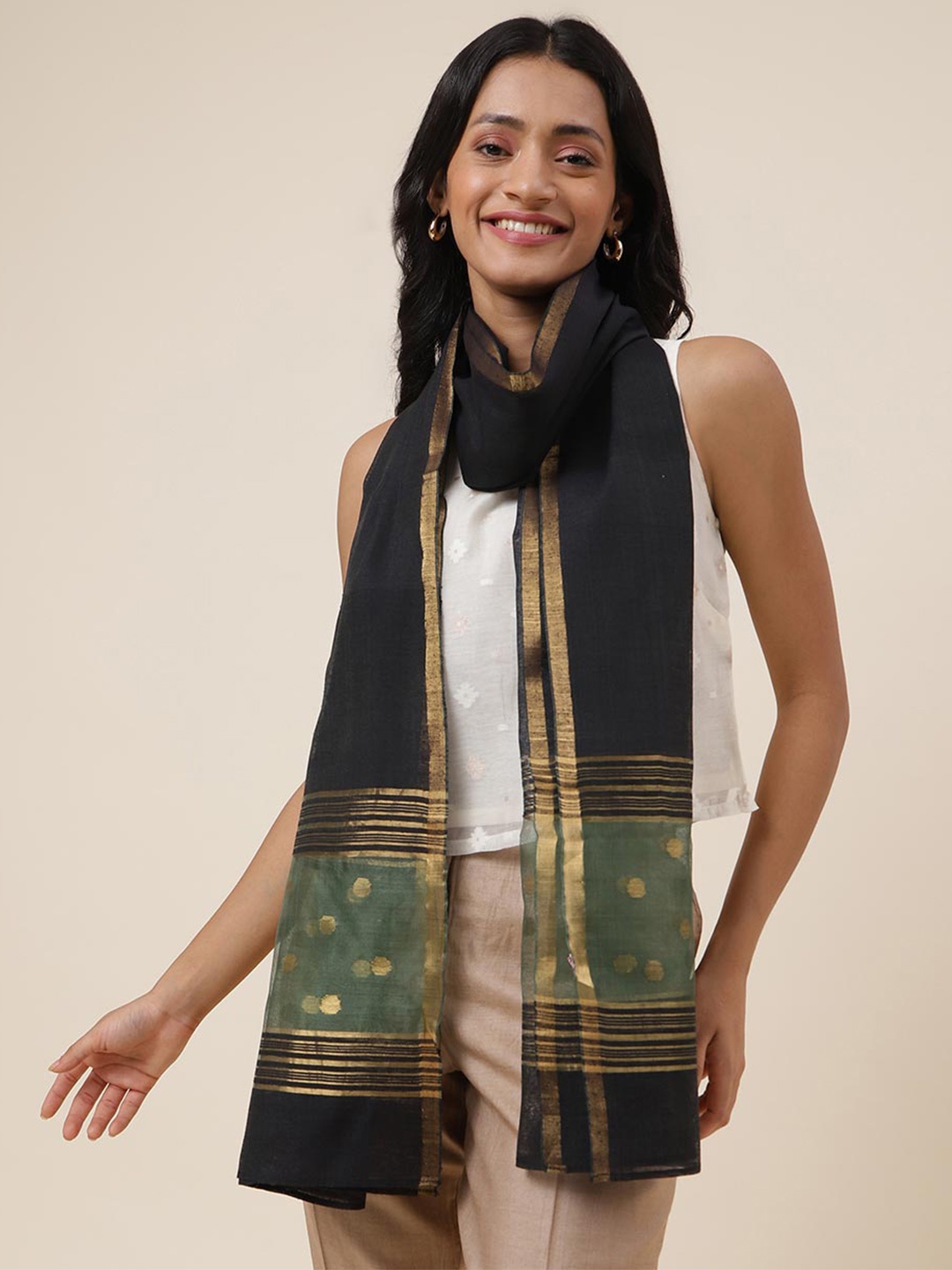 

Fabindia Women Stole With Taping, Black