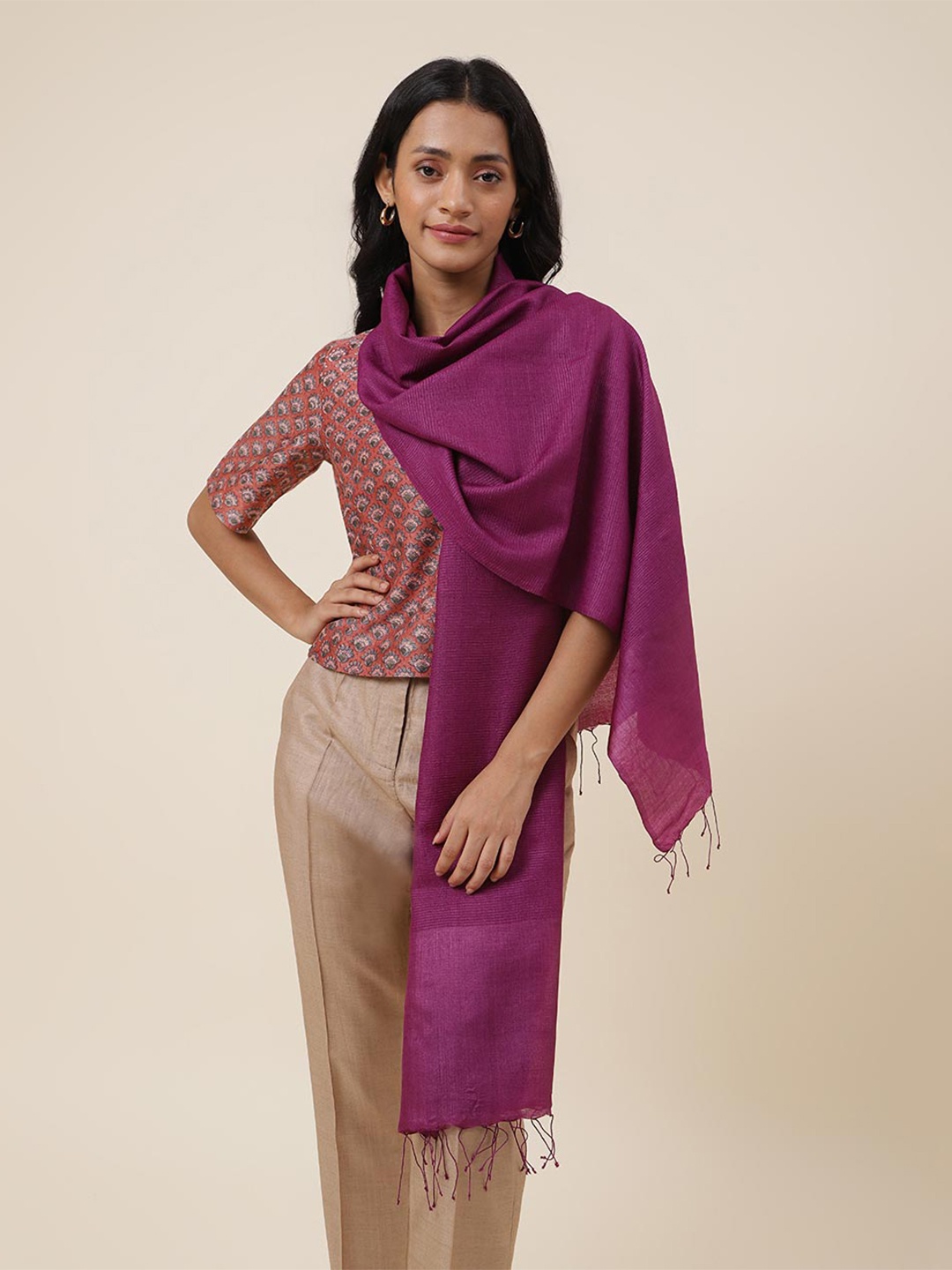 

Fabindia Tasselled Border Silk Stole, Purple