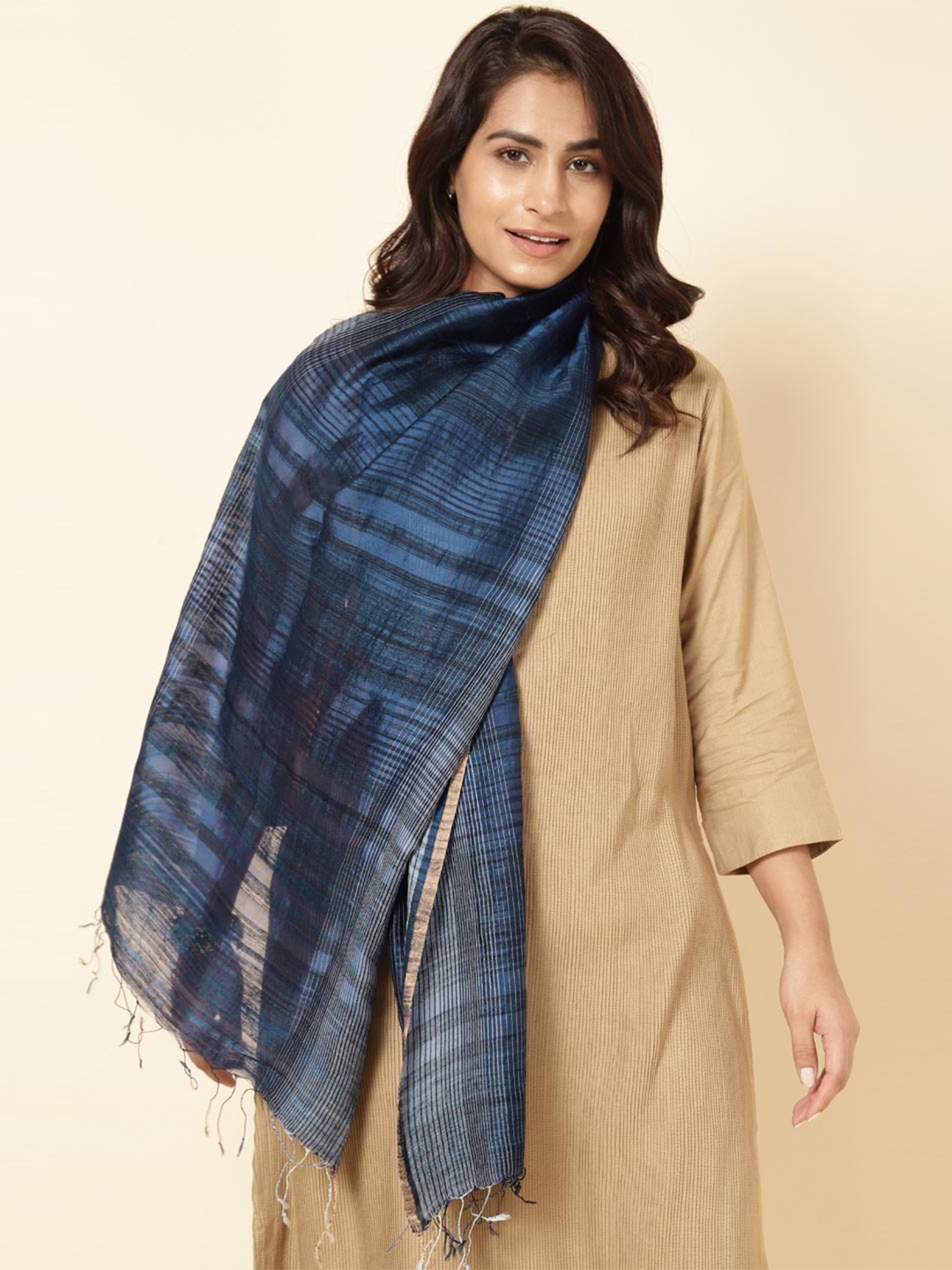 

Fabindia Striped Silk Stole, Blue