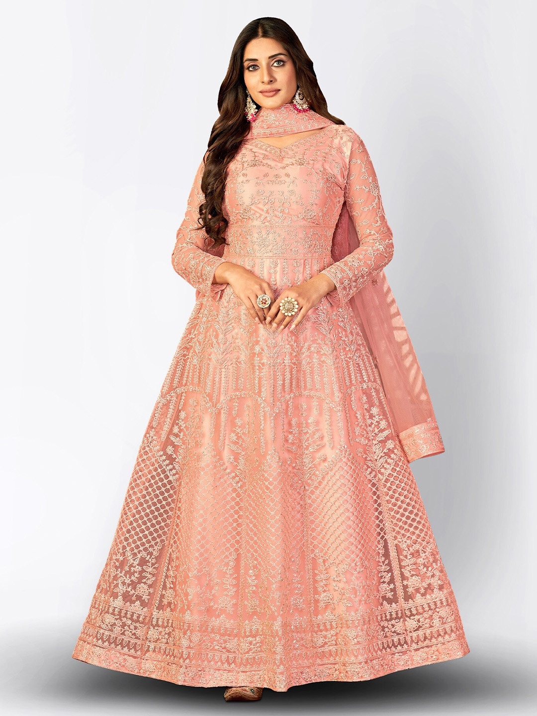 

Divine International Trading Co Floral Embroidered Sequinned Semi-Stitched Dress Material, Peach