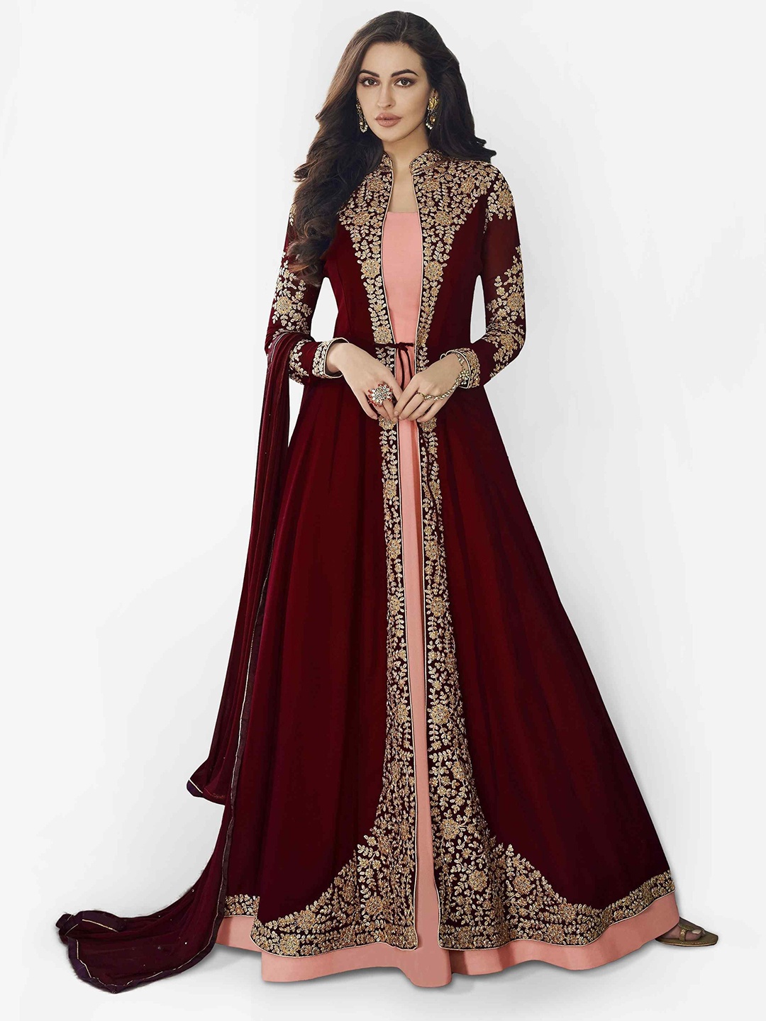 

Divine International Trading Co Floral Embroidered Sequinned Semi-Stitched Dress Material, Maroon