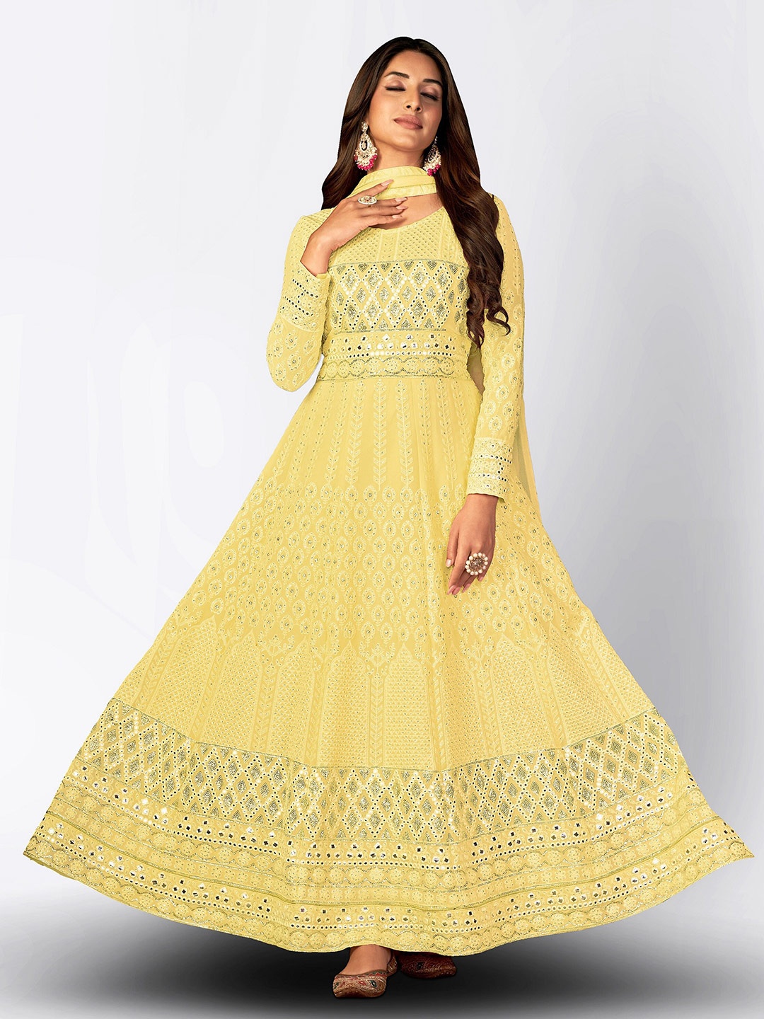 

Divine International Trading Co Embroidered Mirror Work Semi-Stitched Dress Material, Yellow