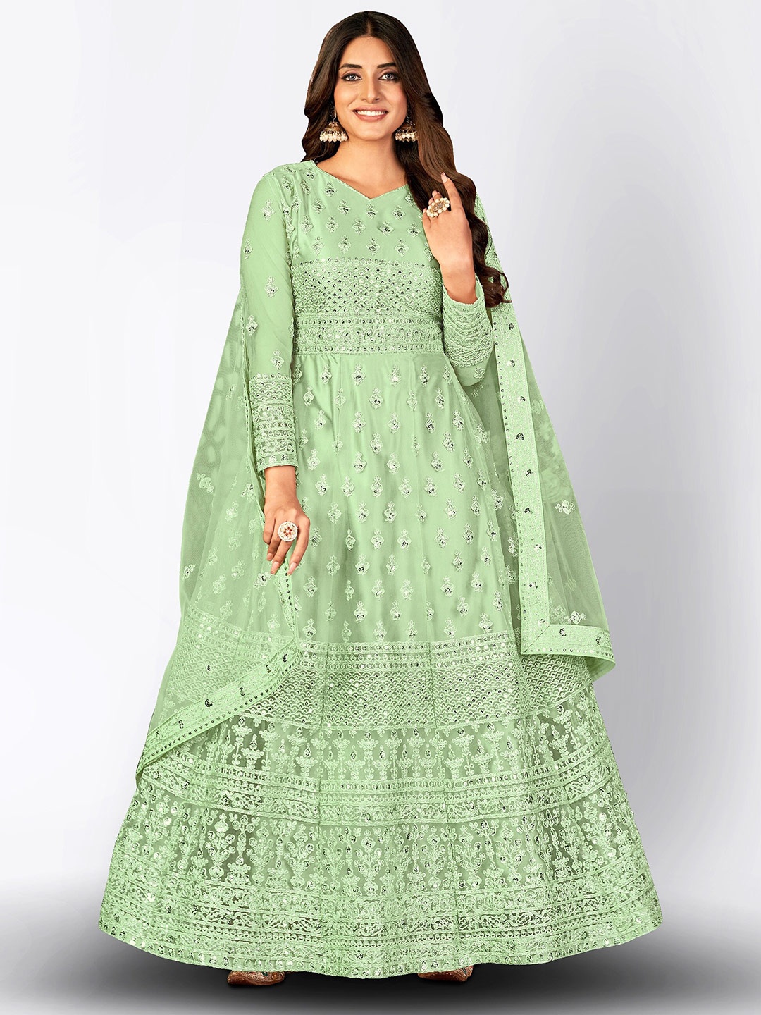 

Divine International Trading Co Green Embroidered Sequined Semi-Stitched Dress Material