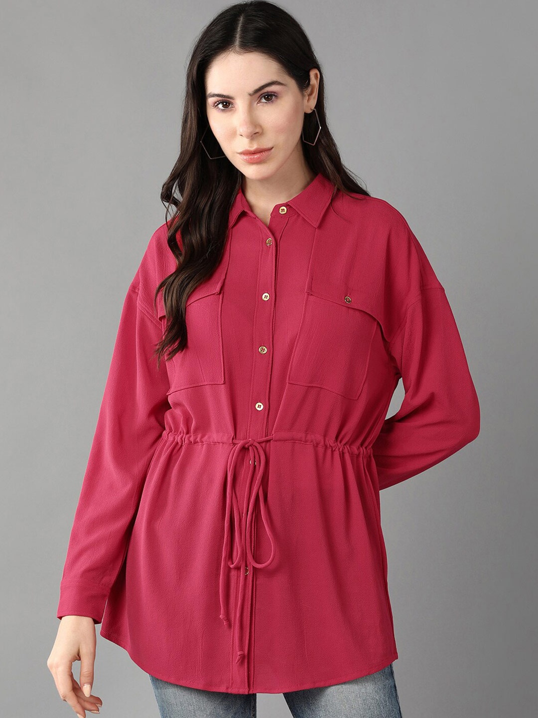 

Roadster Spread Collar Long Sleeve Shirt Style Tops, Pink