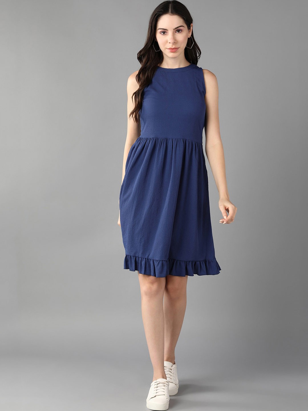 

Roadster Round Neck Gathered And Pleated Fit & Flare Dress, Navy blue
