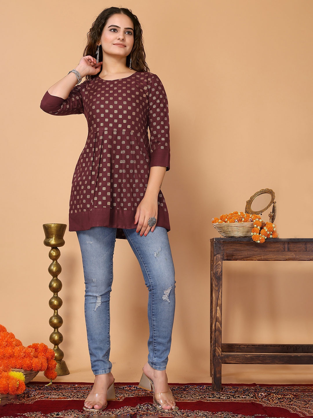 

HERE&NOW Maroon Ethnic Motifs Foil Printed Pleated A-Line Kurti