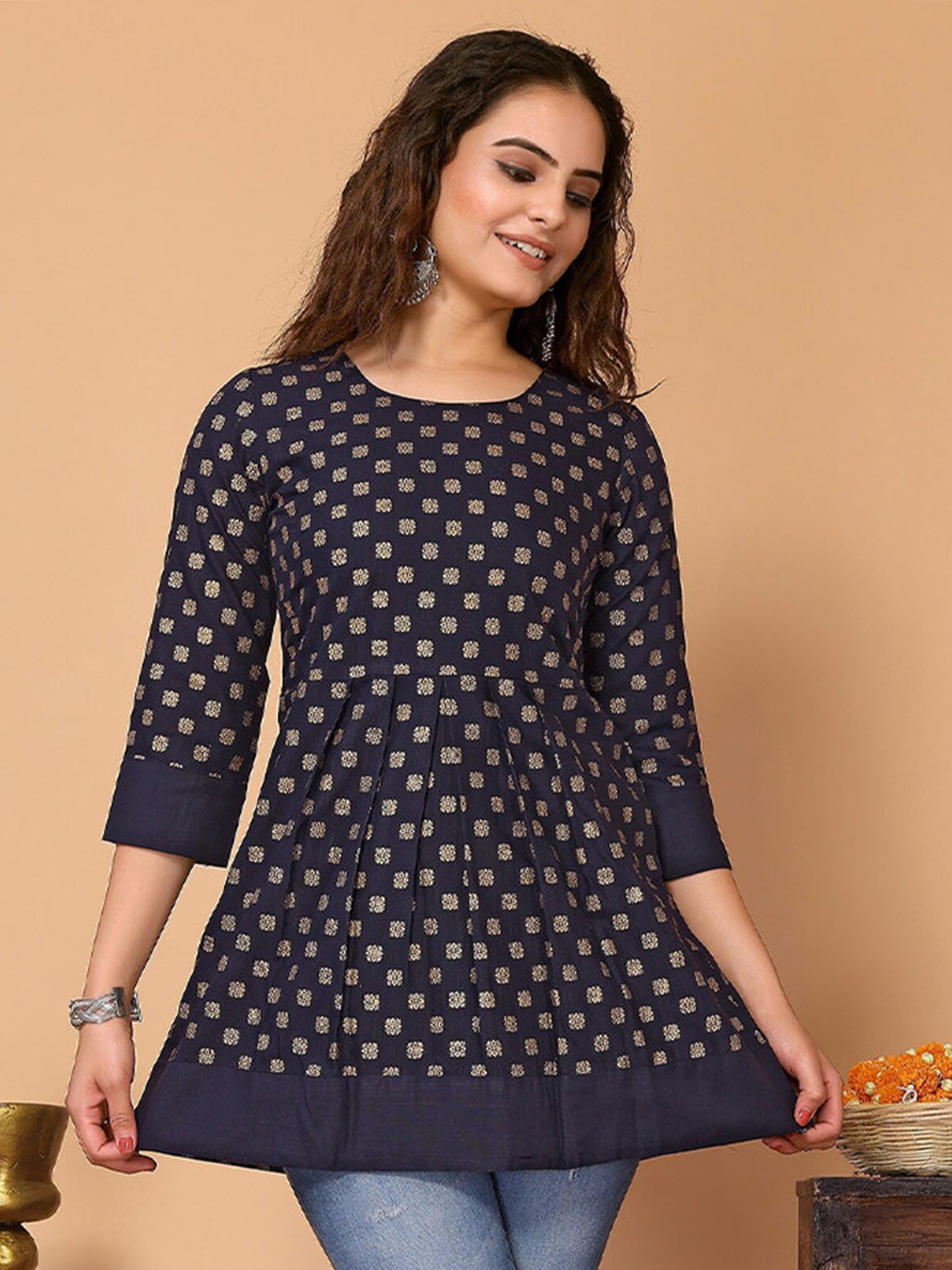 

HERE&NOW Ethnic Motifs Printed A Line Short Kurti, Navy blue