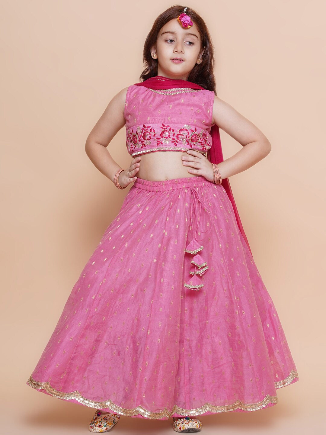 

Bitiya by Bhama Girls Embroidered Ready to Wear Lehenga & Blouse With Dupatta, Pink