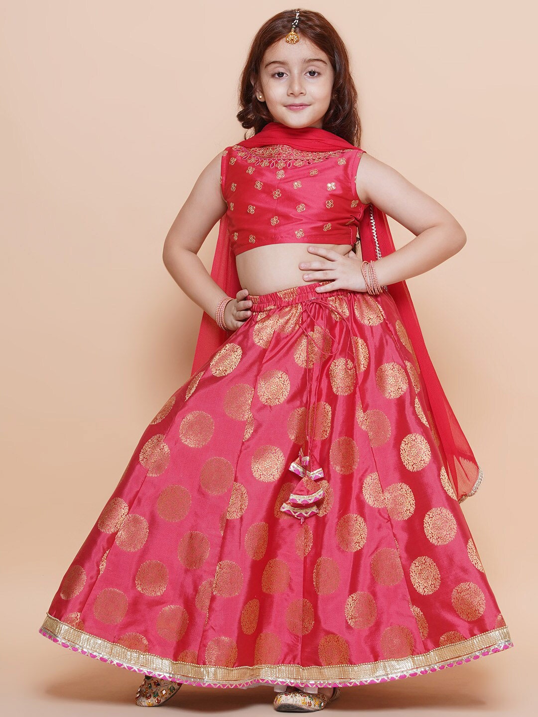 

Bitiya by Bhama Girls Embroidered Ready to Wear Lehenga & Blouse With Dupatta, Peach