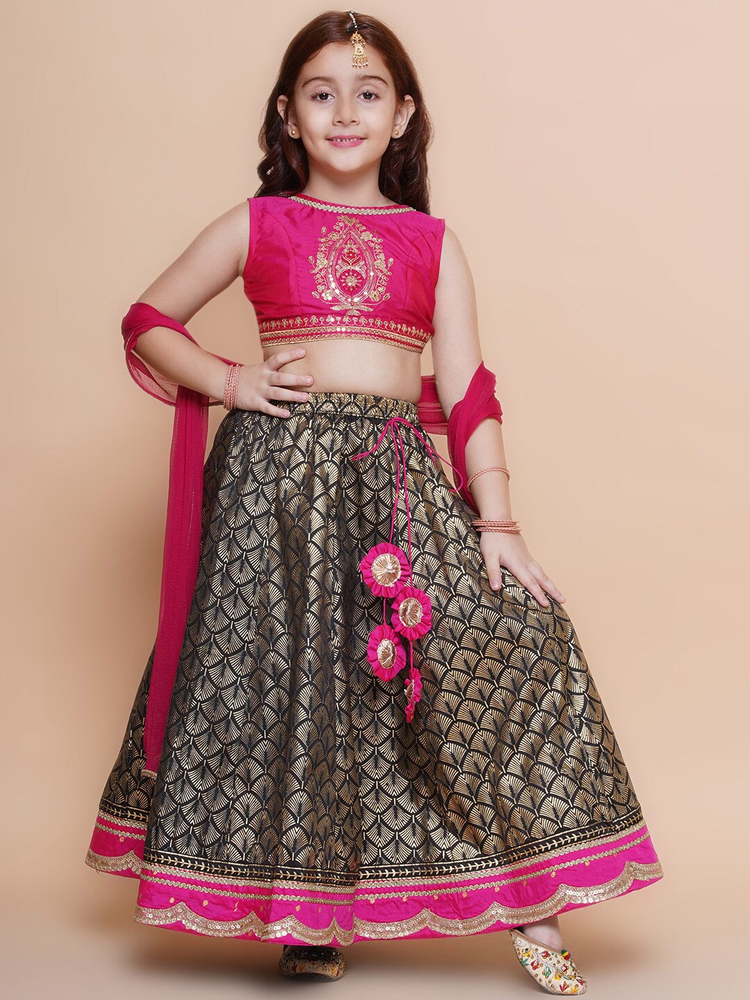 

Bitiya by Bhama Girls Embroidered Gotta Patti Ready to Wear Lehenga & Blouse With Dupatta, Black