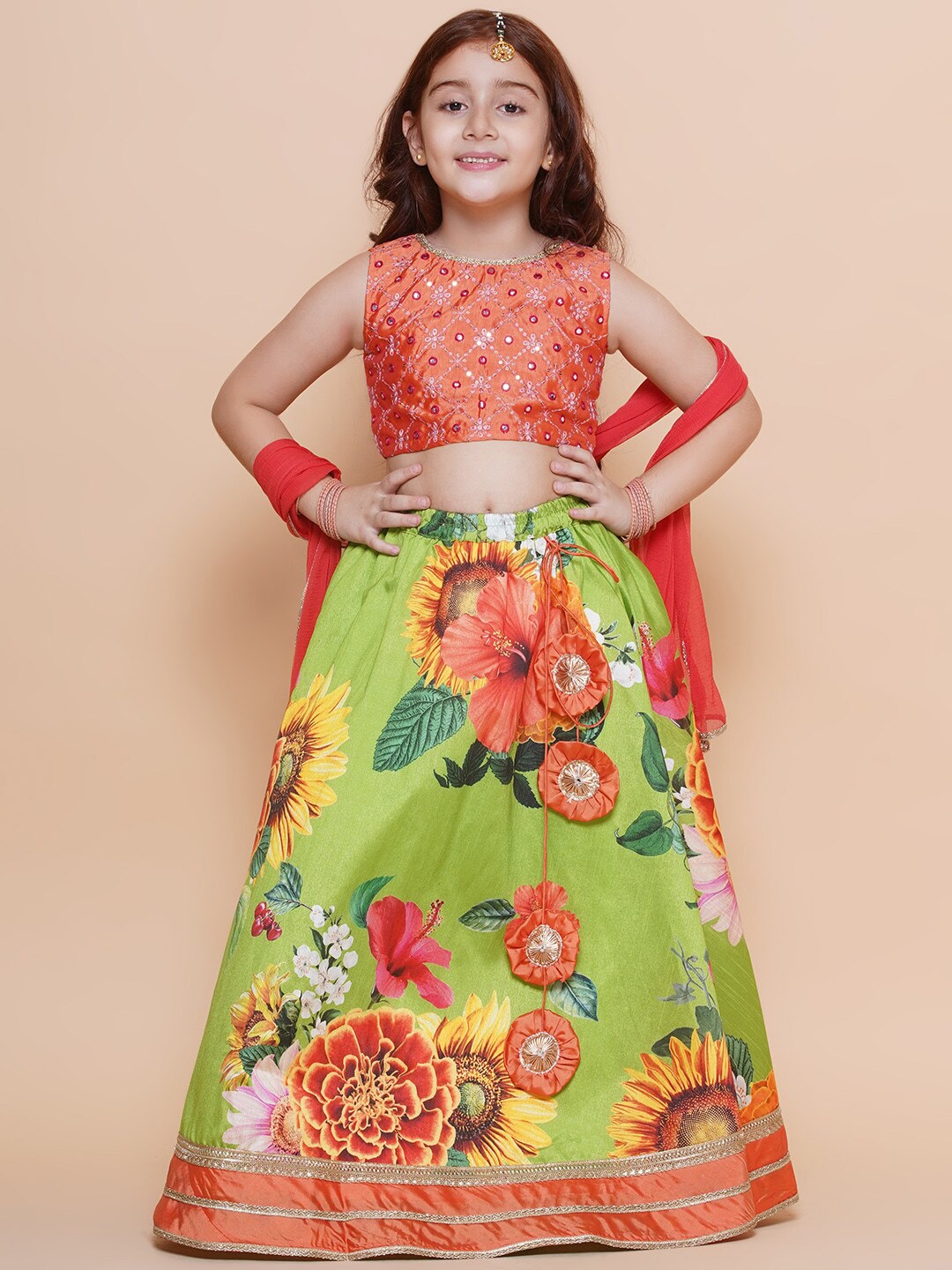 

Bitiya by Bhama Girls Embroidered Gotta Patti Ready to Wear Lehenga & Blouse With Dupatta, Orange