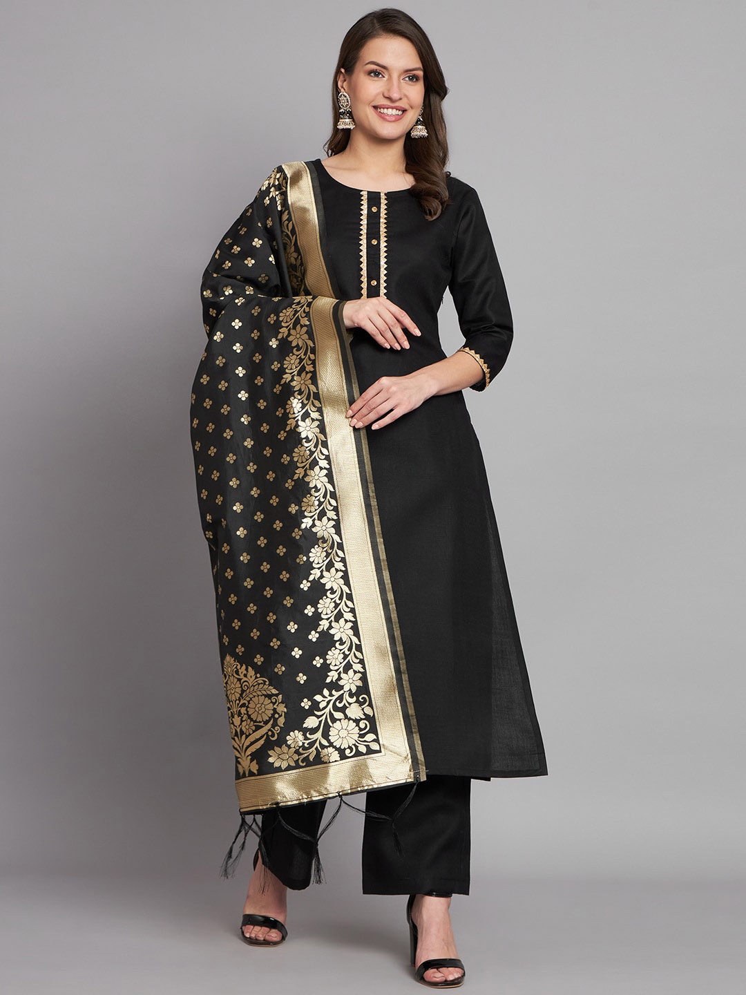 

KALINI Gotta Patti Jacquard Pure Cotton Kurta with Trousers & Dupatta, Black